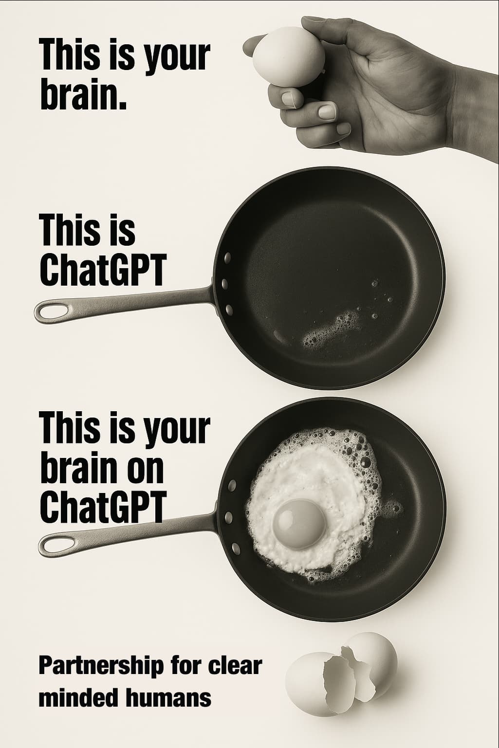 This is your brain on ChatGPT - humorous PSA style image showing an egg being fried